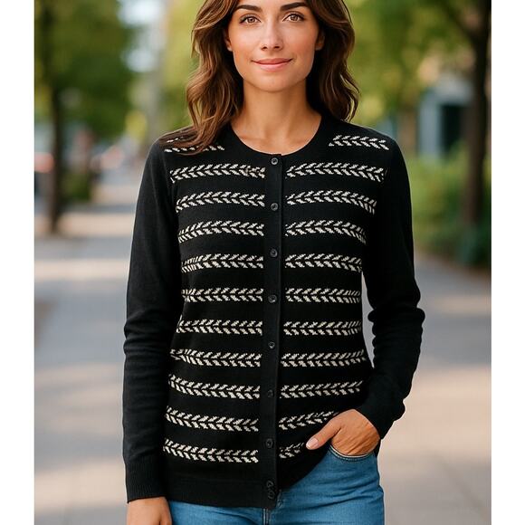 Charter Club Lurex Sparkle Stripe Cardigan Deep Black XL Preppy Boho Office Chic - Picture 1 of 8